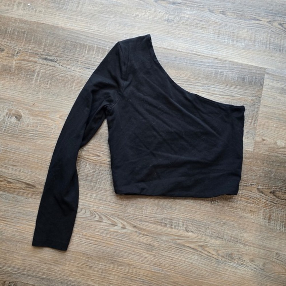 Cotton On Womens One‎ Shoulder Long Sleeve Crop Top Black Asymmetrical Size M